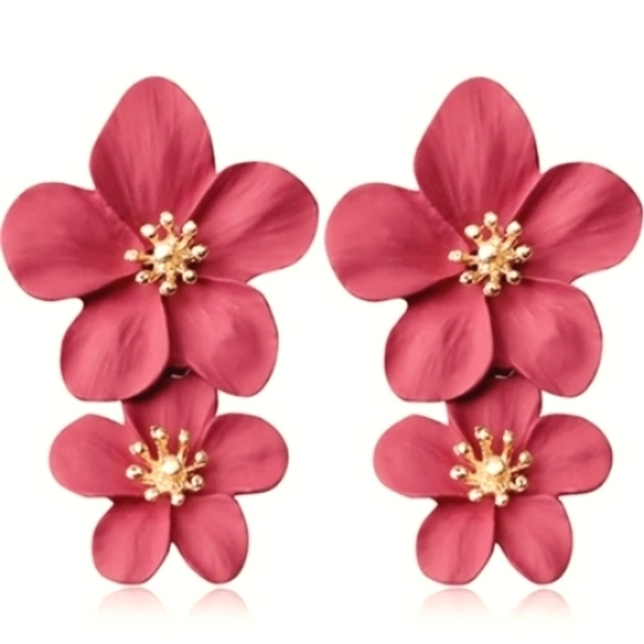 Big Rose Pink Double Flower Blossom Statement Earrings Romantic Sakura Flowers - Picture 1 of 3